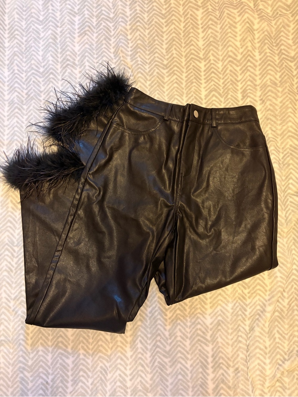 Altar'd State Black Faux Leather Pants with Feather Trim